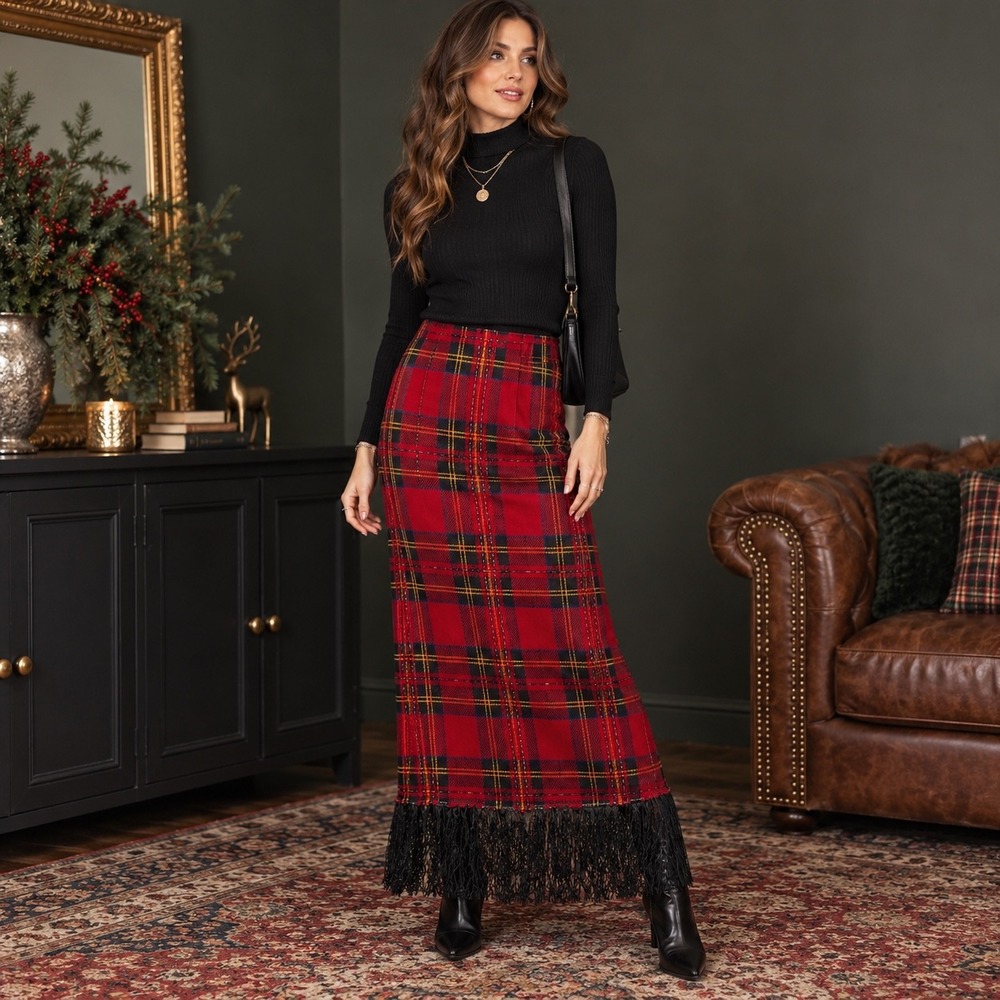 Vintage Y2K Ronni Nicole by Ouida Red Tartan Plaid Fringe Maxi Skirt L